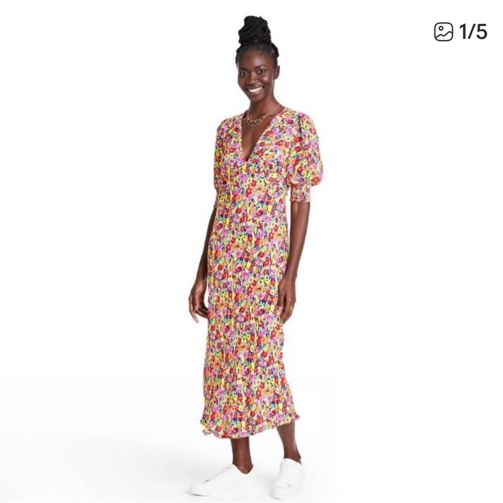 Rixo x Target Floral Puff Sleeve V Neck Long Maxi Sheath Dress sz 6